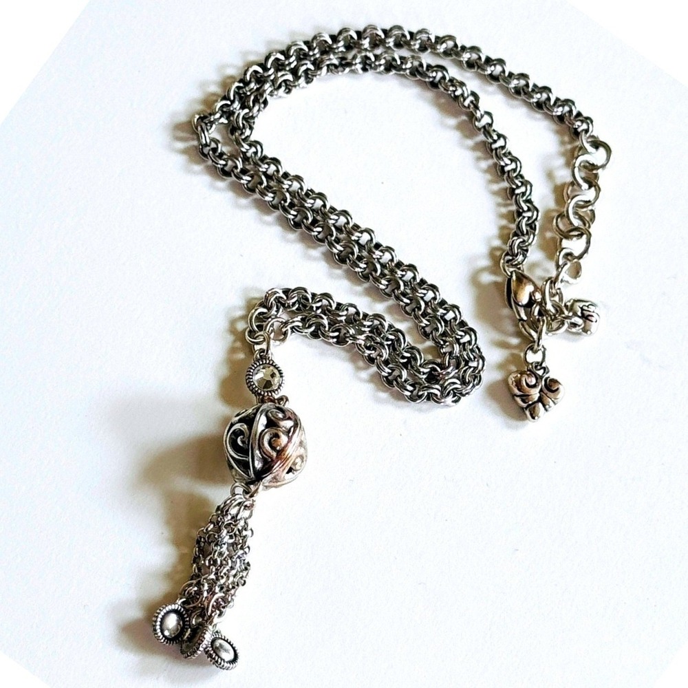 Brighton Filigree tassel Necklace jeweled Signed Silver Plated Crystal Y2K 18"